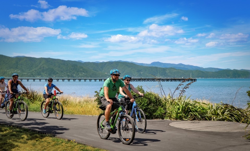Remutaka cycling green jersey tour petone esplanade beach group in front of wharf photo by James Lamb Dec 2017 low res